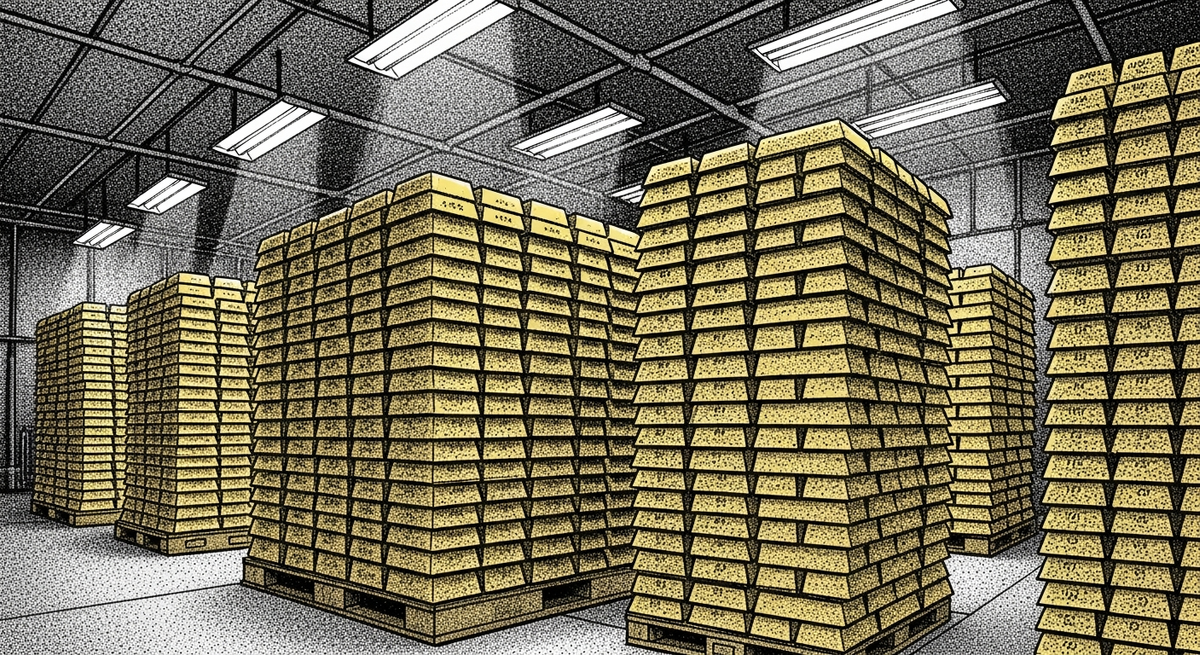 Deep inside a high-security subterranean vault, towering stacks of gleaming gold bullion bars are illuminated by harsh, industrial overhead lighting.