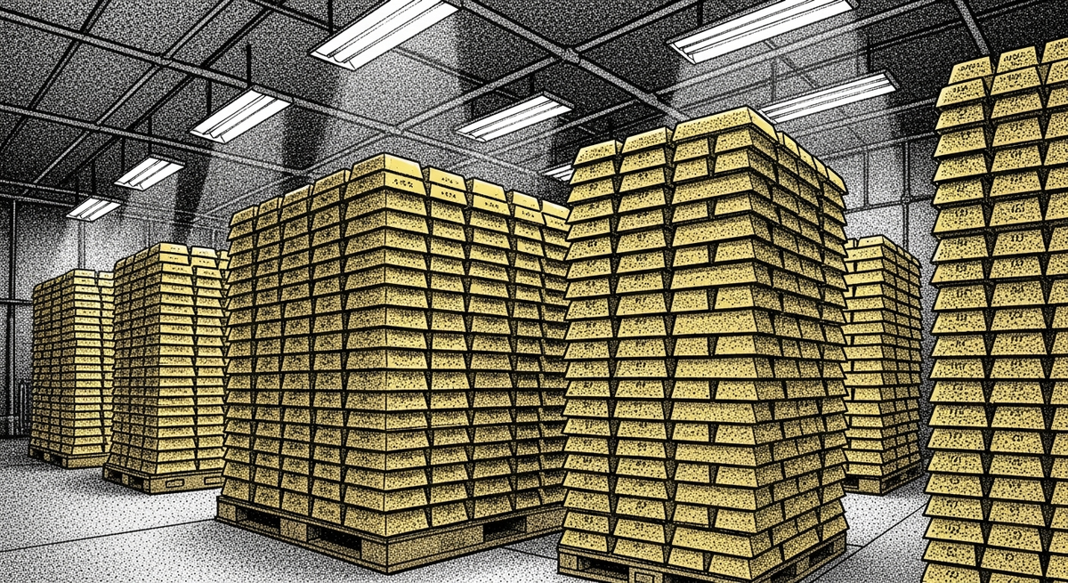 Deep inside a high-security subterranean vault, towering stacks of gleaming gold bullion bars are illuminated by harsh, industrial overhead lighting.