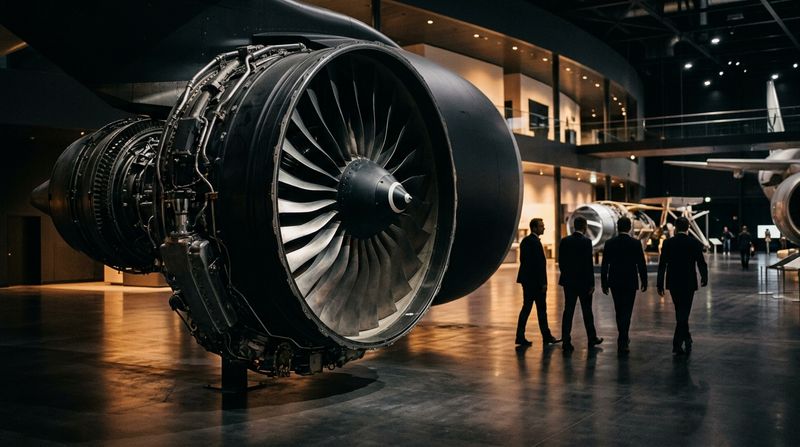 Sleek European aerospace exhibition hall, high-contrast lighting, silhouettes of executives walking past a massive matte-black jet engine prototype, sharp focus on the complex titanium turbine blades.