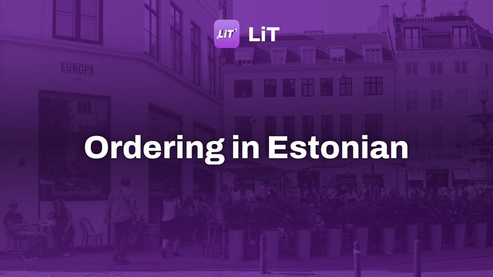 people in front of building during daytime, tinted purple, titled "Ordering in Estonian"