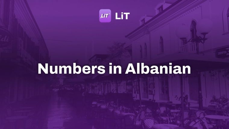 Outdoor cafe seating lines a european street, tinted purple, titled "Numbers in Albanian"