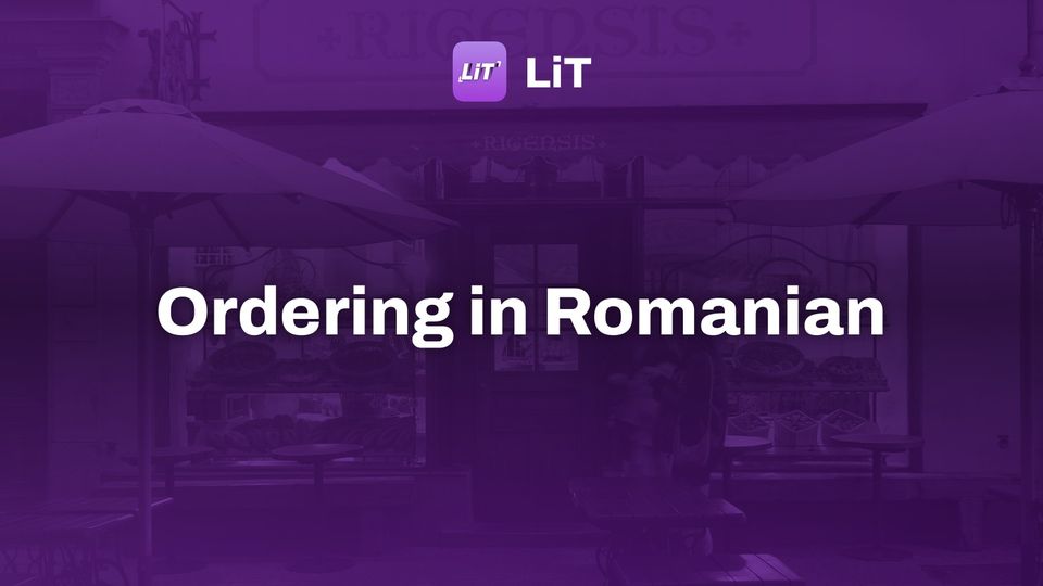 A man sitting at a table in front of a bakery, tinted purple, titled "Ordering in Romanian"