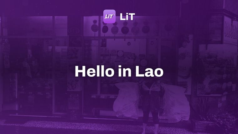 a person carrying bags on the street, tinted purple, titled "Hello in Lao"