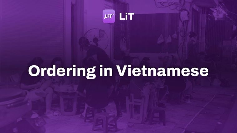 a group of people sitting around a blue table, tinted purple, titled "Ordering in Vietnamese"