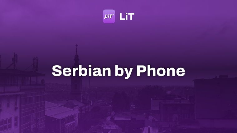 aerial photography of buildings during daytime, tinted purple, titled "Serbian by Phone"