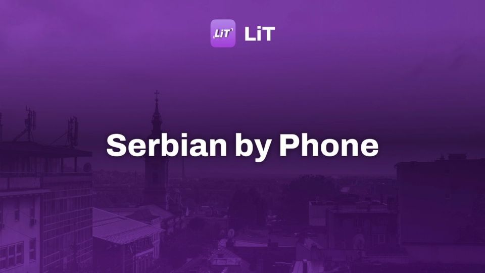 aerial photography of buildings during daytime, tinted purple, titled "Serbian by Phone"