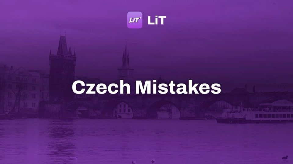 a boat on a river with a bridge in the background, tinted purple, titled "Czech Mistakes"