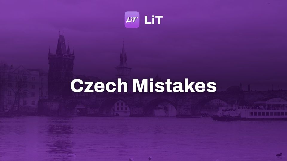 a boat on a river with a bridge in the background, tinted purple, titled "Czech Mistakes"