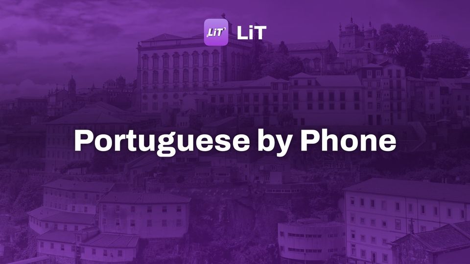 Historic city buildings with red roofs under a cloudy sky, tinted purple, titled "Portuguese by Phone"