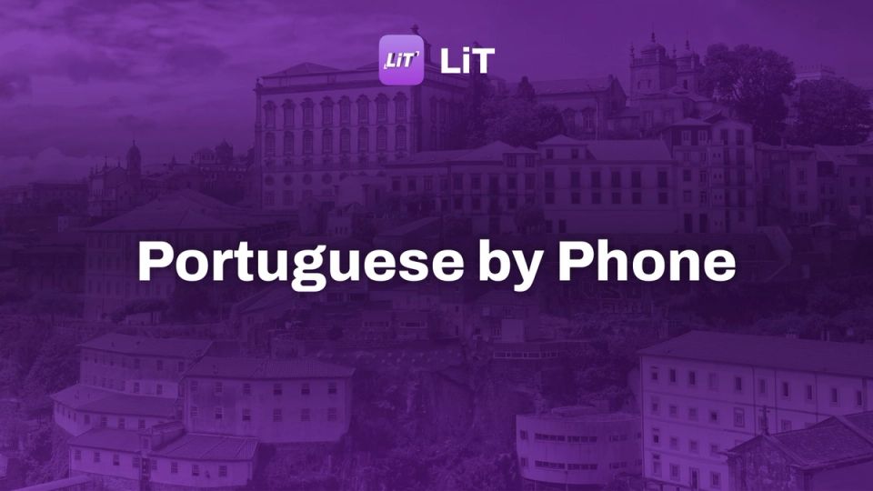 Historic city buildings with red roofs under a cloudy sky, tinted purple, titled "Portuguese by Phone"