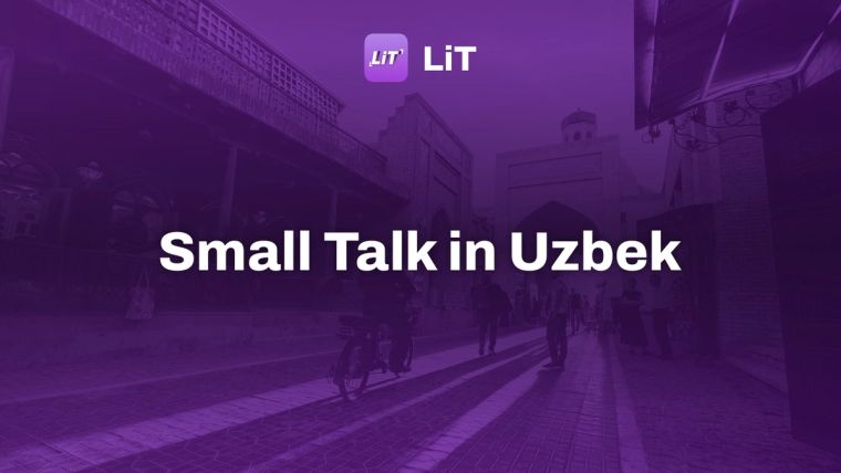 a person riding a bicycle on a brick road between buildings, tinted purple, titled "Small Talk in Uzbek"
