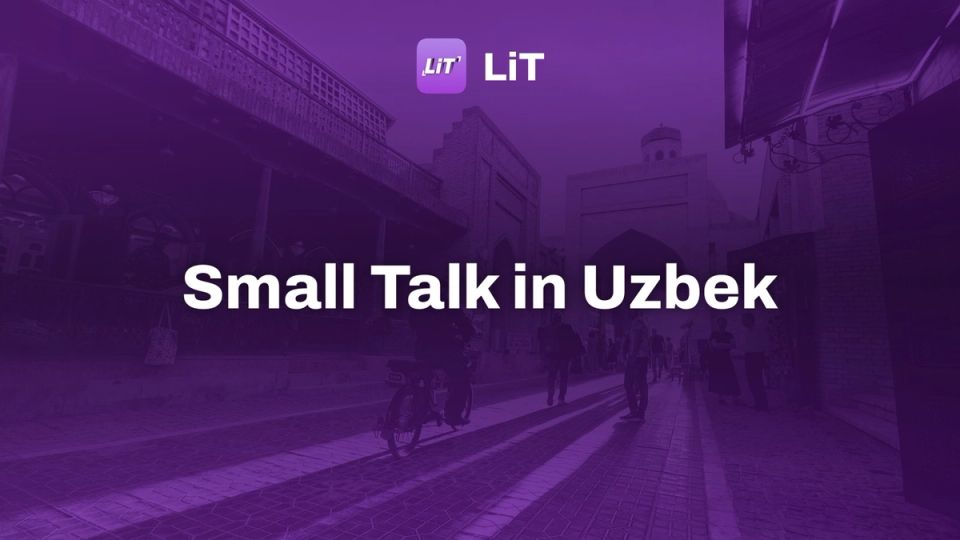 a person riding a bicycle on a brick road between buildings, tinted purple, titled "Small Talk in Uzbek"