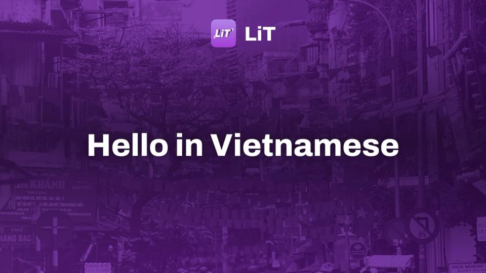 A busy flag-strung street in Hanoi, tinted purple, titled “Hello in Vietnamese”