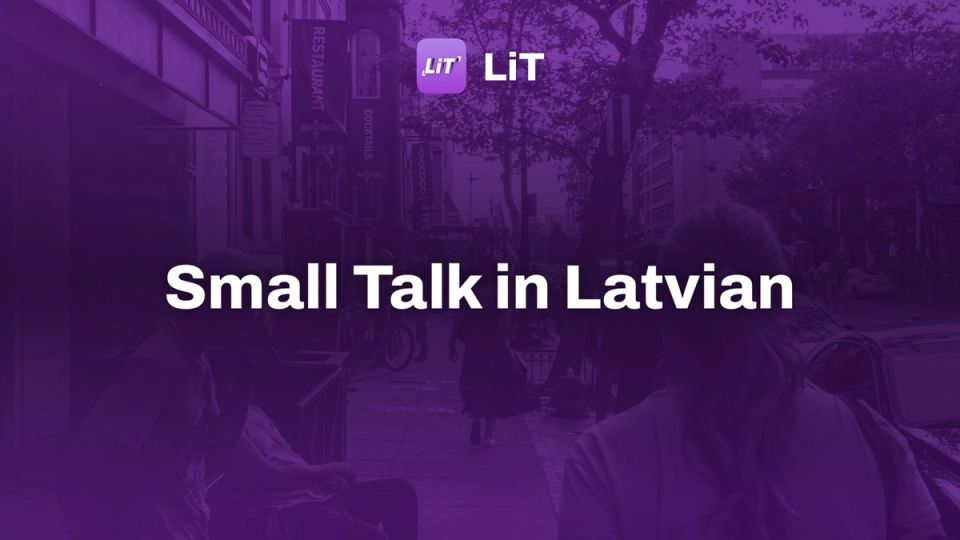 People walking on a city sidewalk at sunset, tinted purple, titled "Small Talk in Latvian"