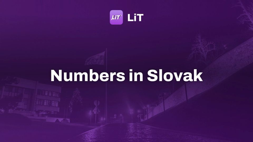 a street at night with a flag on a pole, tinted purple, titled "Numbers in Slovak"