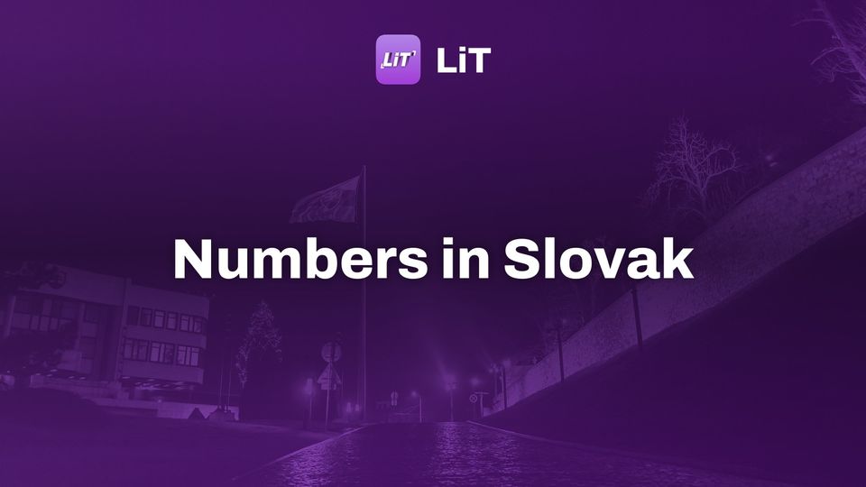 a street at night with a flag on a pole, tinted purple, titled "Numbers in Slovak"