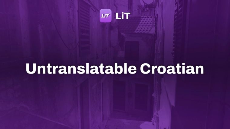 a narrow alleyway between two buildings with shutters, tinted purple, titled "Untranslatable Croatian"