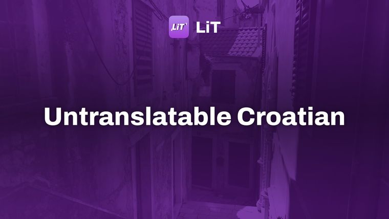 a narrow alleyway between two buildings with shutters, tinted purple, titled "Untranslatable Croatian"