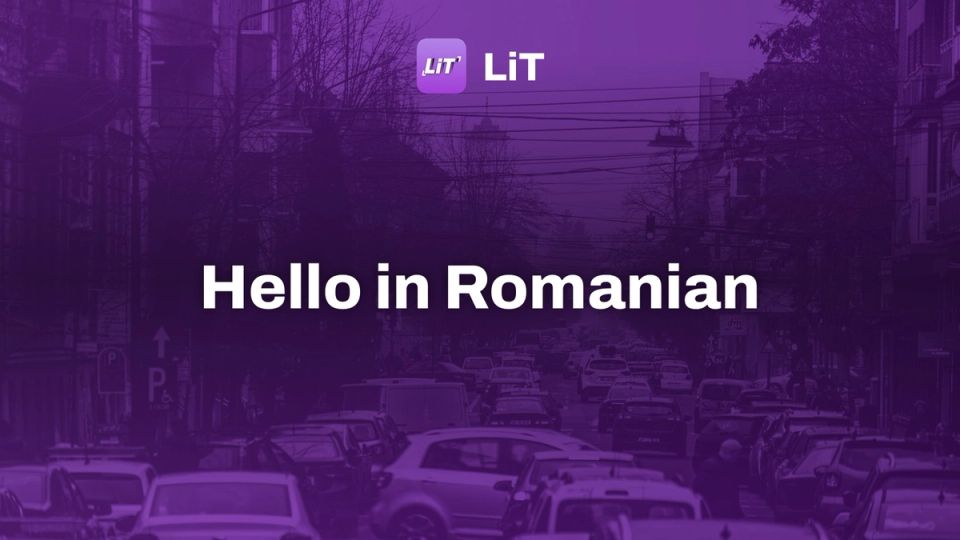cars on road near buildings during daytime, tinted purple, titled "Hello in Romanian"