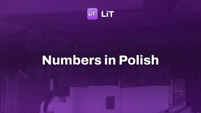 Books in plastic sleeves hanging from a yellow canopy at an outdoor market, tinted purple, titled "Numbers in Polish"