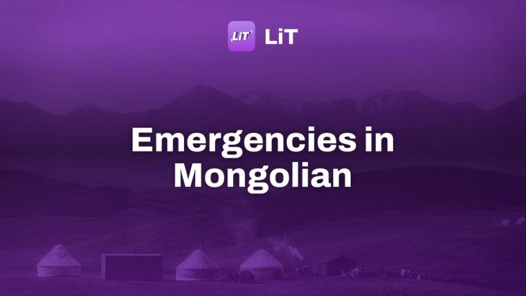 a group of tents in a grassy field with mountains in the background, tinted purple, titled "Emergencies in Mongolian"