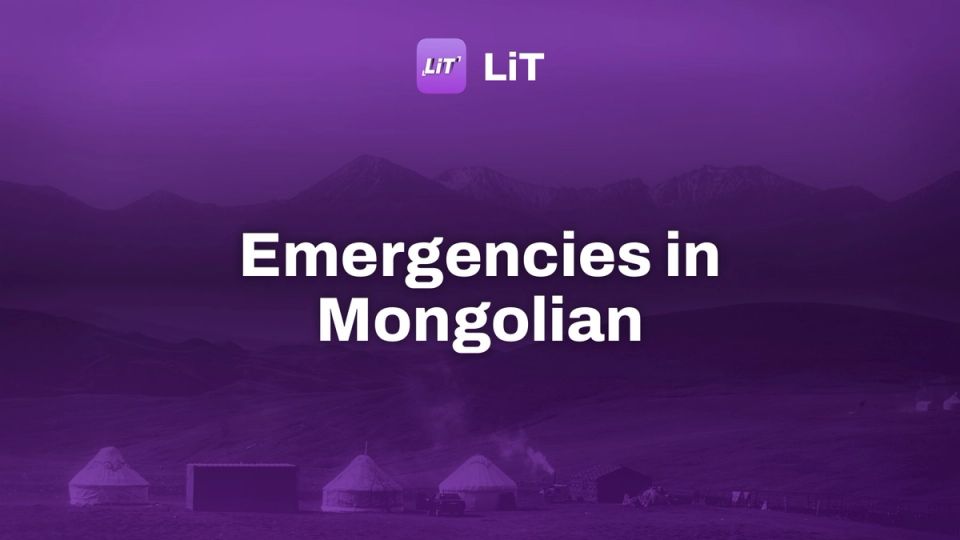 a group of tents in a grassy field with mountains in the background, tinted purple, titled "Emergencies in Mongolian"