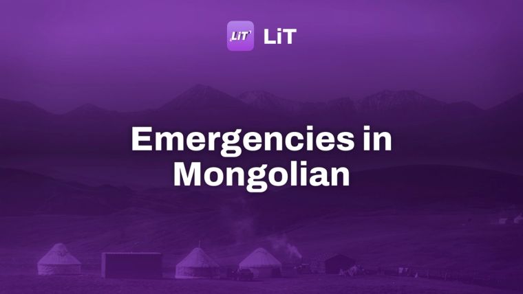a group of tents in a grassy field with mountains in the background, tinted purple, titled "Emergencies in Mongolian"