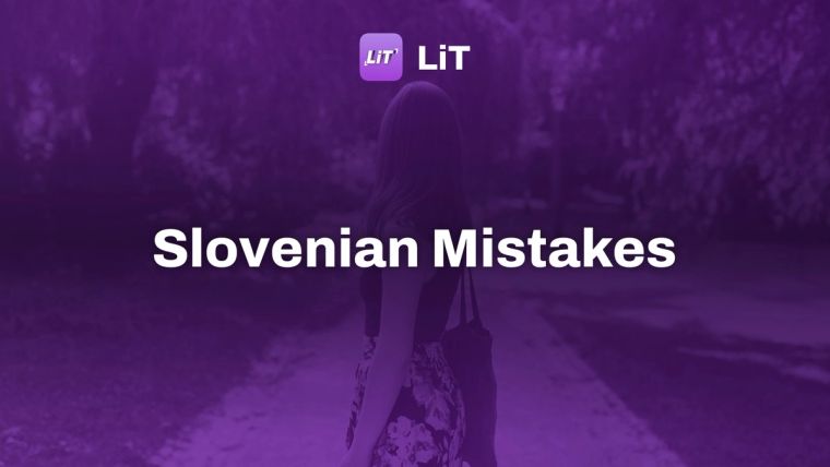 a woman walking on a path, tinted purple, titled "Slovenian Mistakes"
