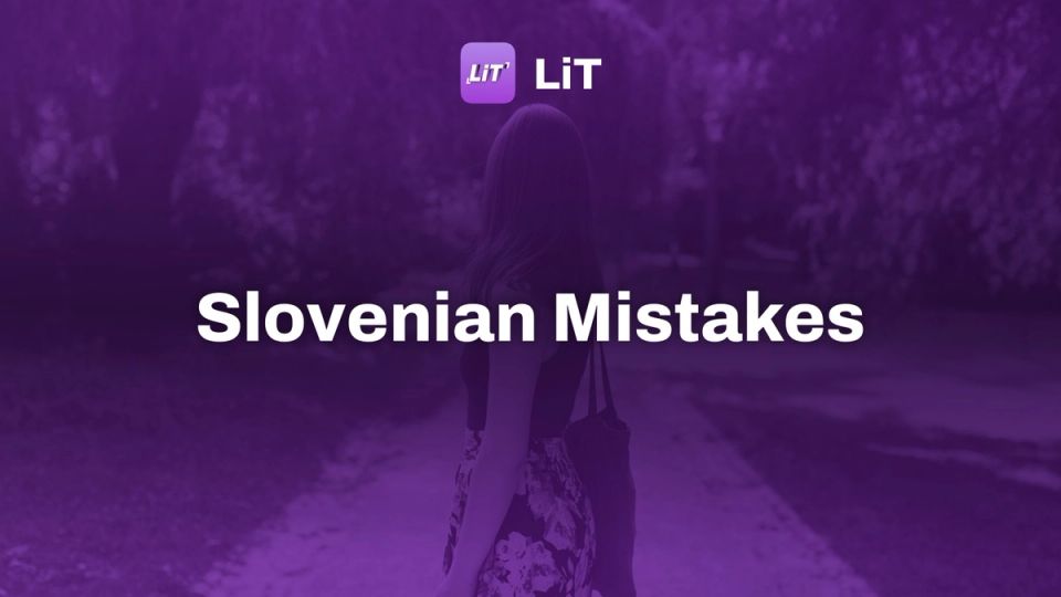 a woman walking on a path, tinted purple, titled "Slovenian Mistakes"