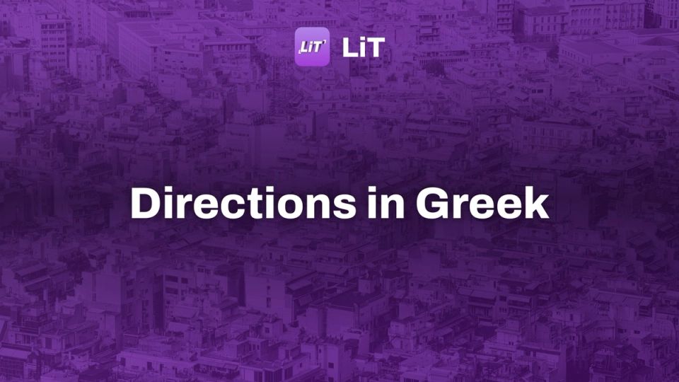 map, tinted purple, titled "Directions in Greek"