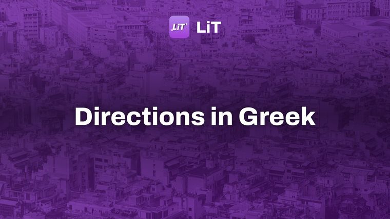 map, tinted purple, titled "Directions in Greek"
