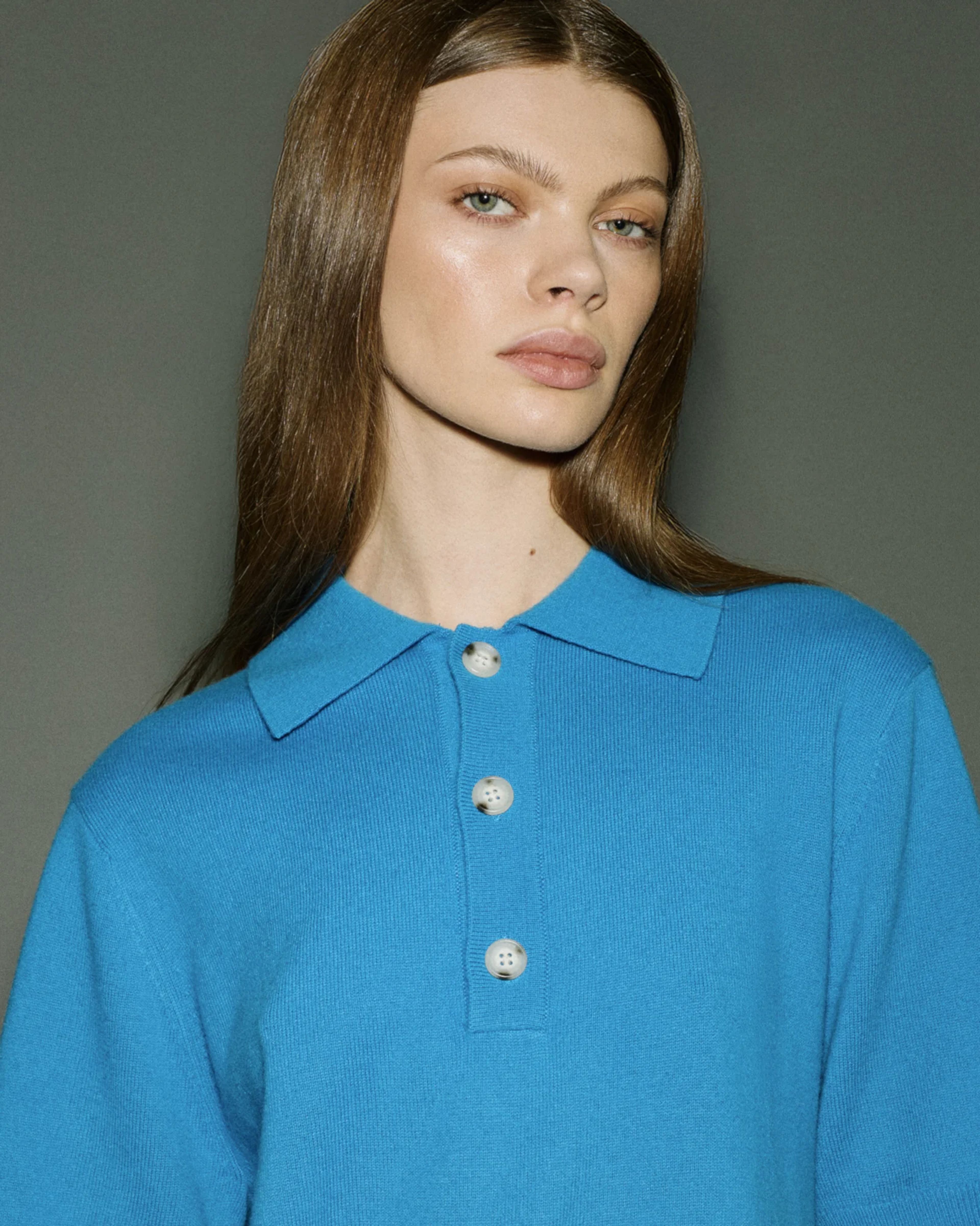 Short Sleeve Cashmere Knit Polo Bondi Blue - Image 2