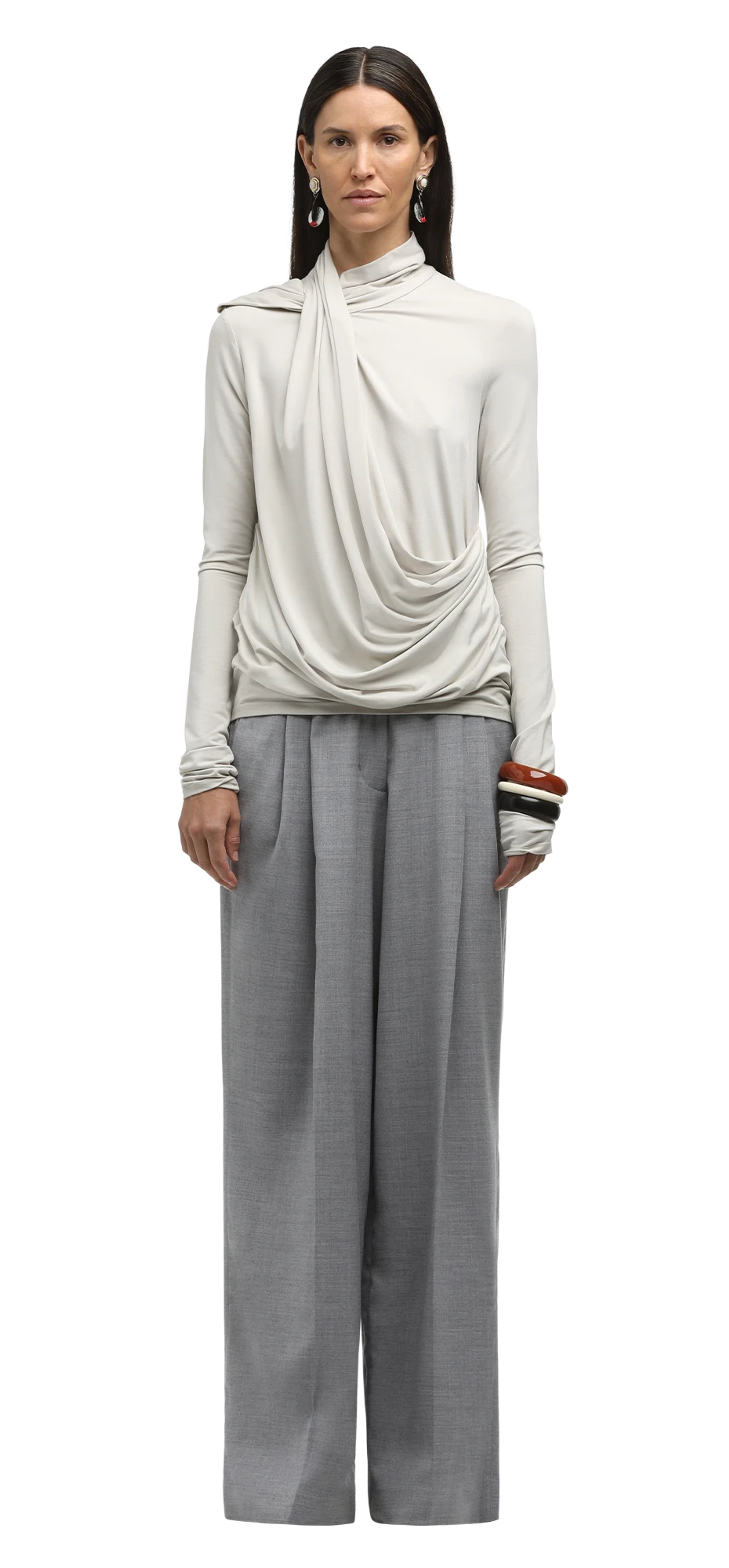 pleated-womens-pant-warm-gray character front view