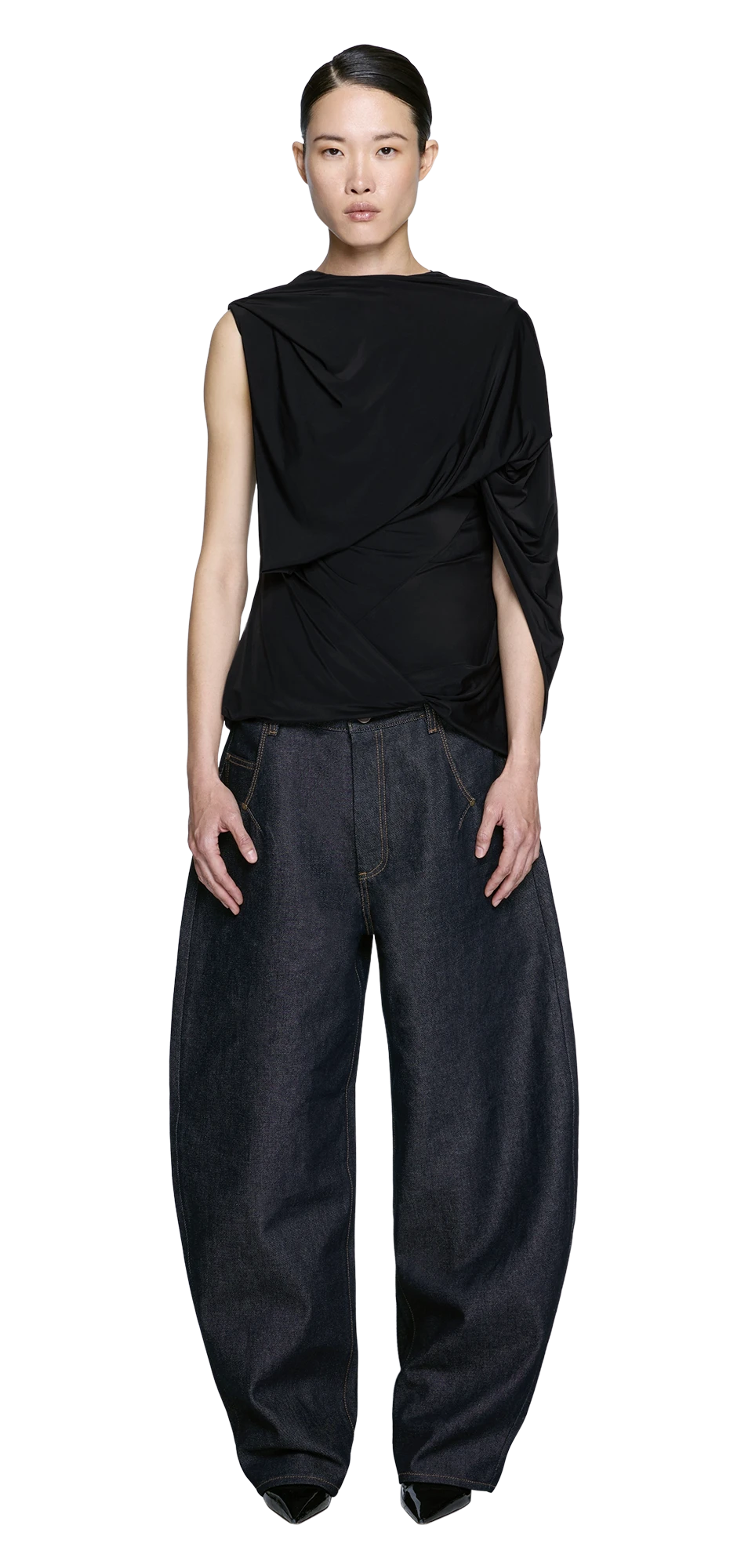 lycra-side-drape-top-black character front view