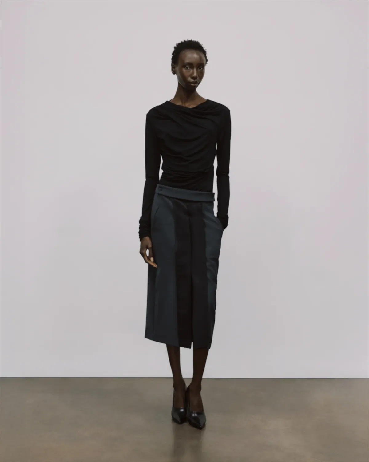 entire studioブラック ロングタイトスカートDrape Skirt drape top black - entire studios