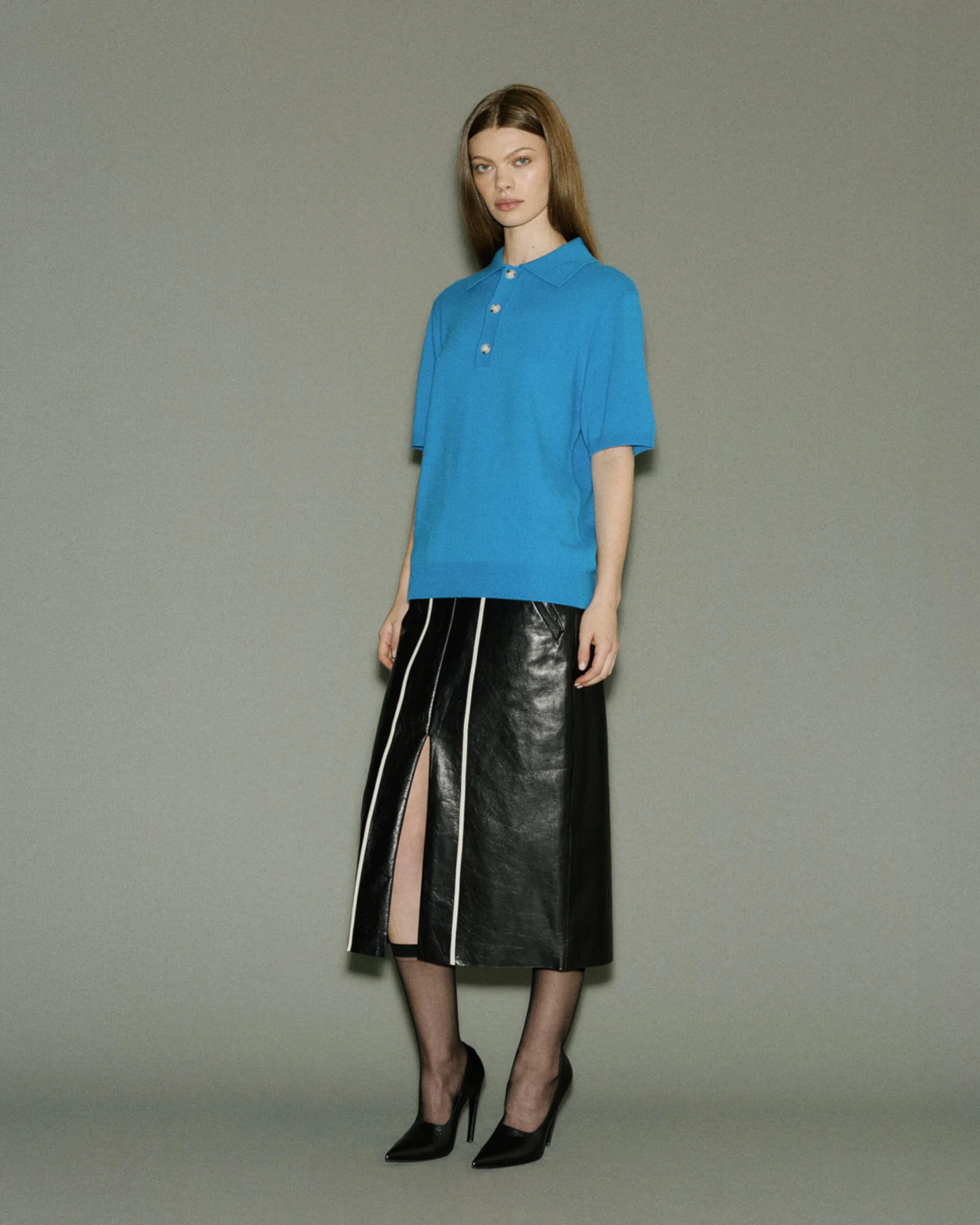 Short Sleeve Cashmere Knit Polo Bondi Blue - Image 1