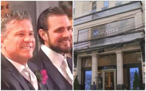 Pai e Daniel Vorcaro ao lado da fachada do Banco Master