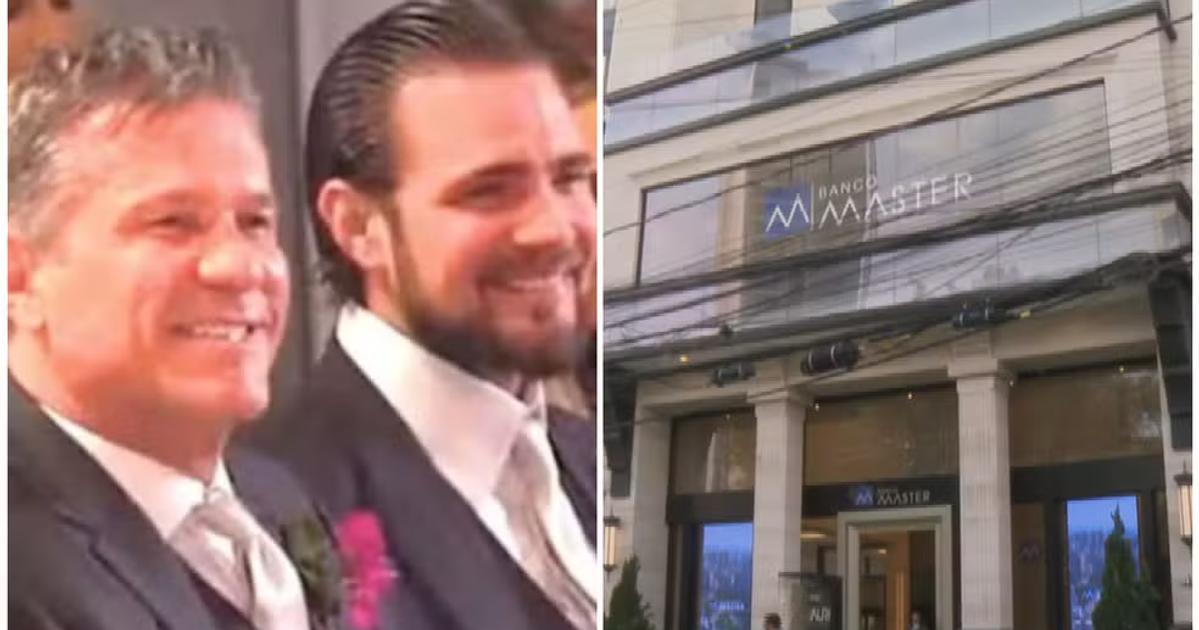 Pai e Daniel Vorcaro ao lado da fachada do Banco Master