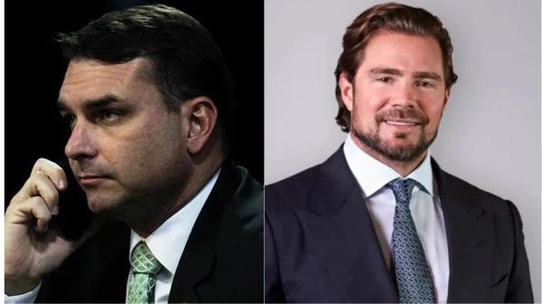 Do lado esquerdo, Flávio Bolsonaro; ao lado direito, Daniel Vorcaro, dono do Banco Master