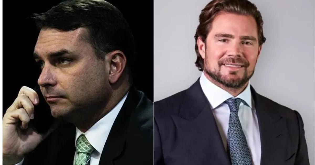 Do lado esquerdo, Flávio Bolsonaro; ao lado direito, Daniel Vorcaro, dono do Banco Master