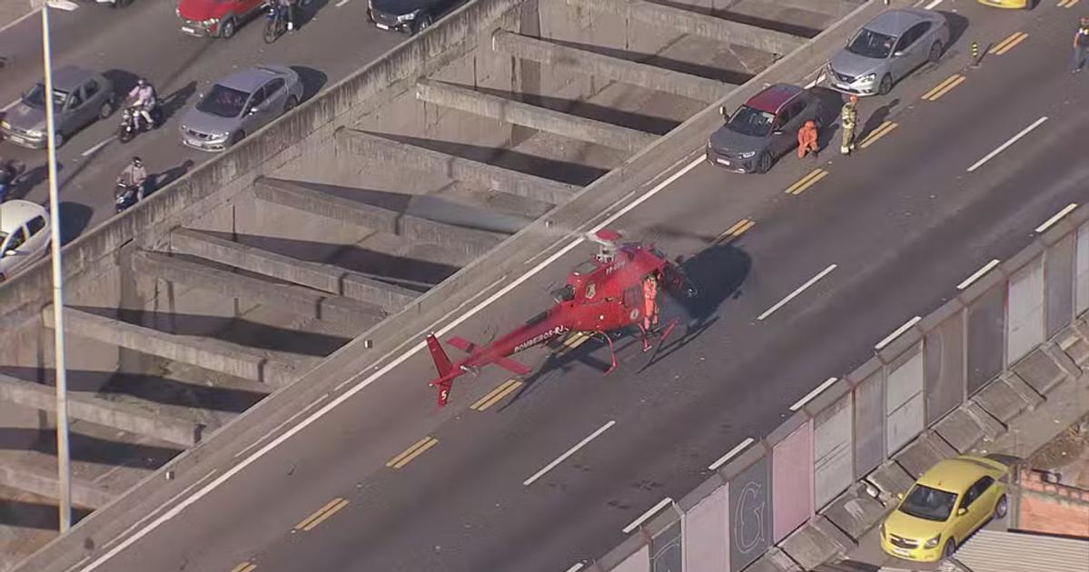 Helicóptero pousa na pista para resgate de motociclista na Linha Amarela