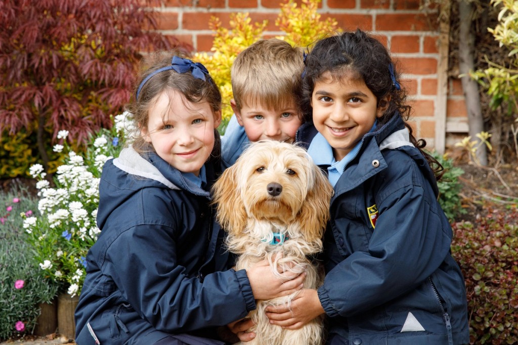 Three children in school uniforms cuddle a small, friendly dog while sitting outdoors, smiling warmly in front of a garden with colourful plants and flowers.