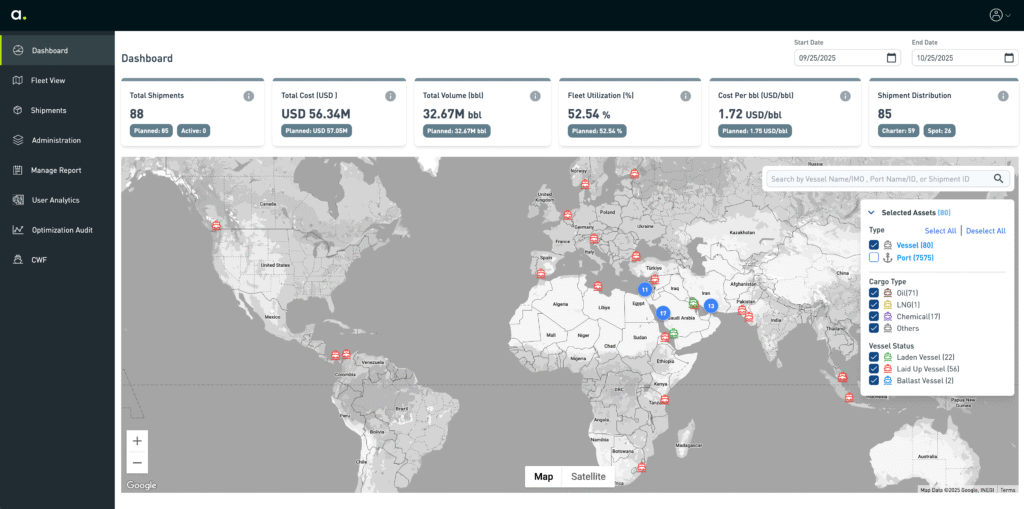 A logistics dashboard showing total cost, volume, fleet utilization and cost per barrel above a world map of shipments