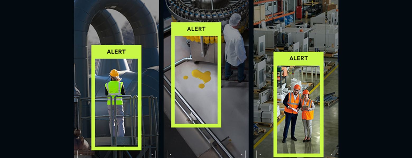 Three camera views with alert boxes drawn around workers detected at an industrial site