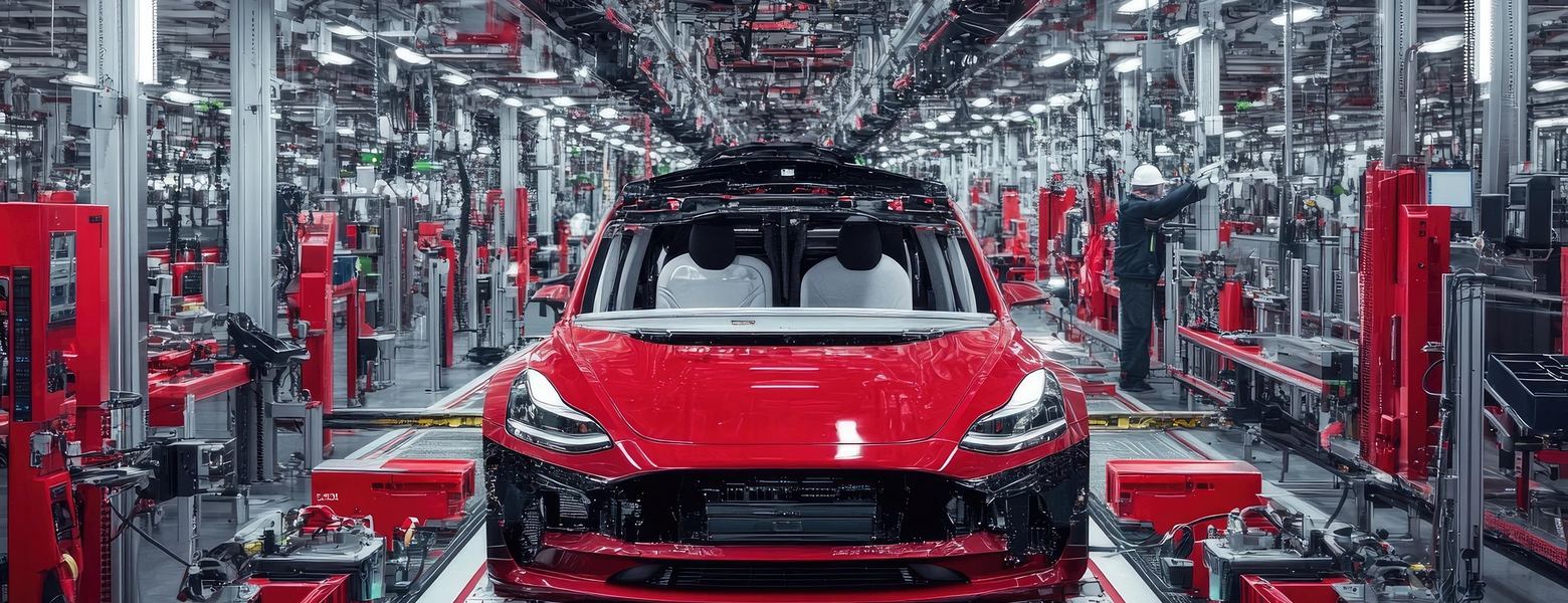 A red car moving down an automated assembly line