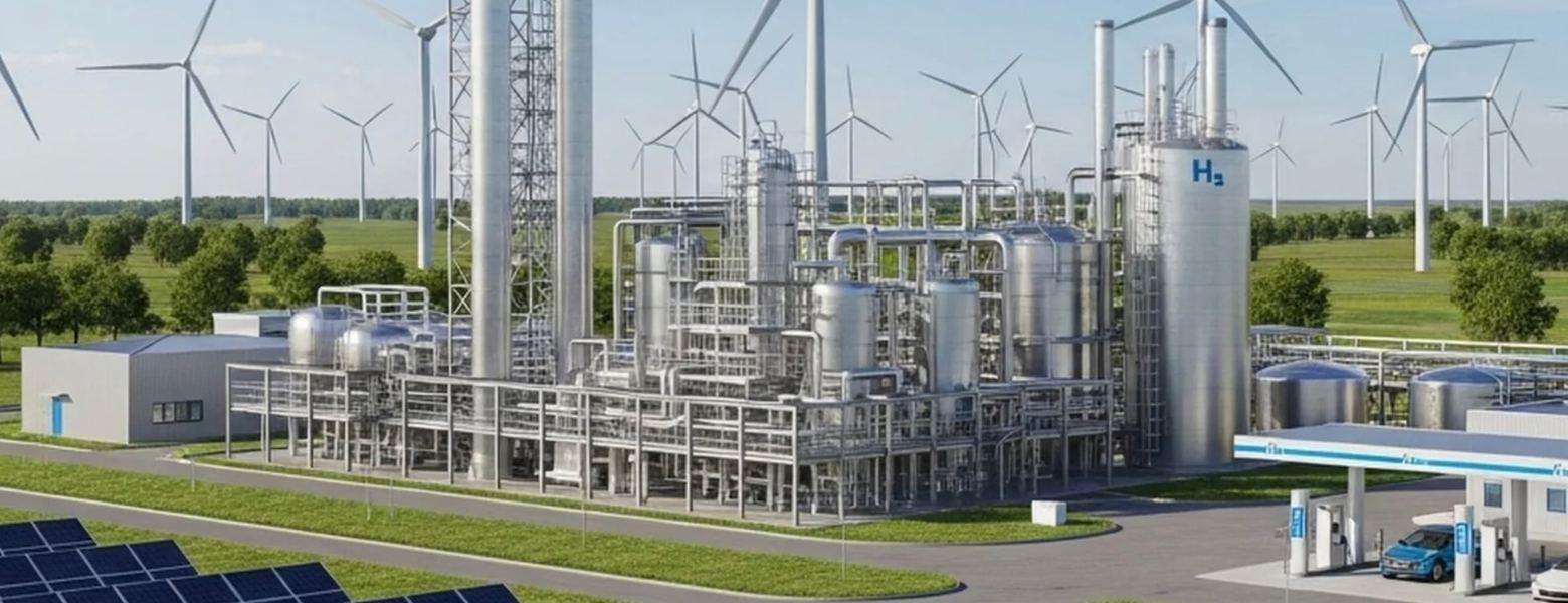 A processing plant ringed by wind turbines, with solar panels in the foreground