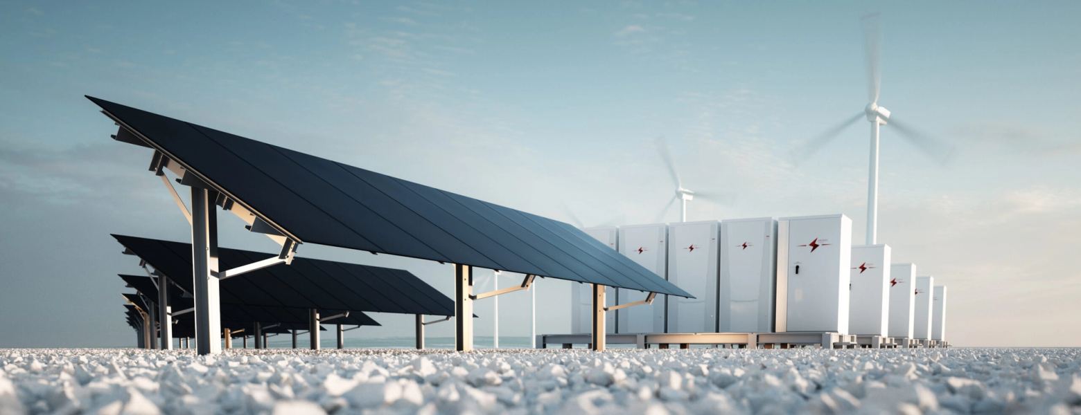 Solar panels, battery storage units and wind turbines sharing one site