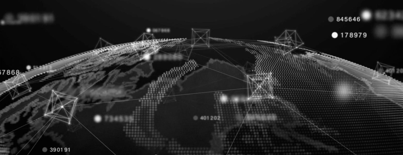 A dark globe traced with trade routes and floating classification codes