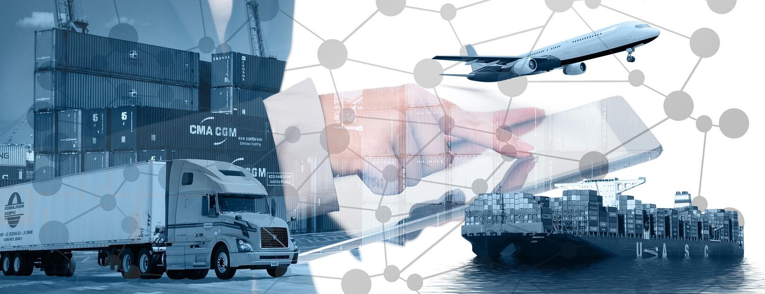 A truck, container stacks, a ship and an aircraft linked by a network overlay