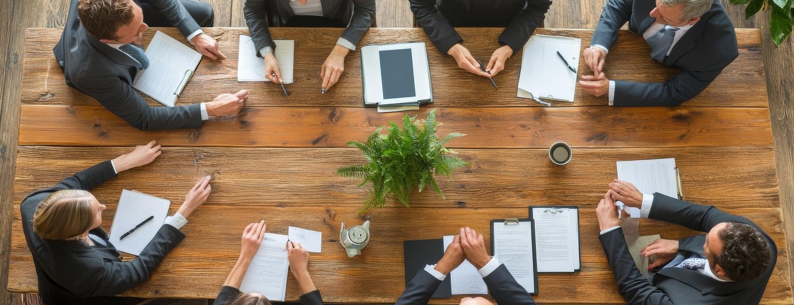 An overhead view of eight colleagues meeting around a long wooden table